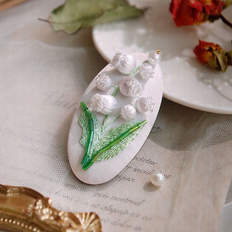 DIY Lily of The Valley Hair Clip Embroidery Kit with Hoop & Tutorial, Beginner Floral Craft Making