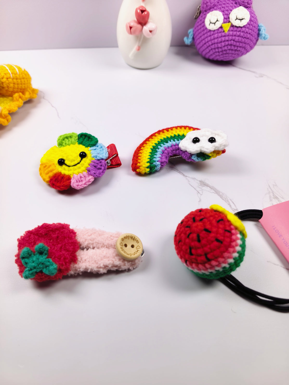 Handmade Cotton Crochet Cartoon Hair Accessories Cute Animal Fruit Flower Hair Clips Hair Ties for Girls