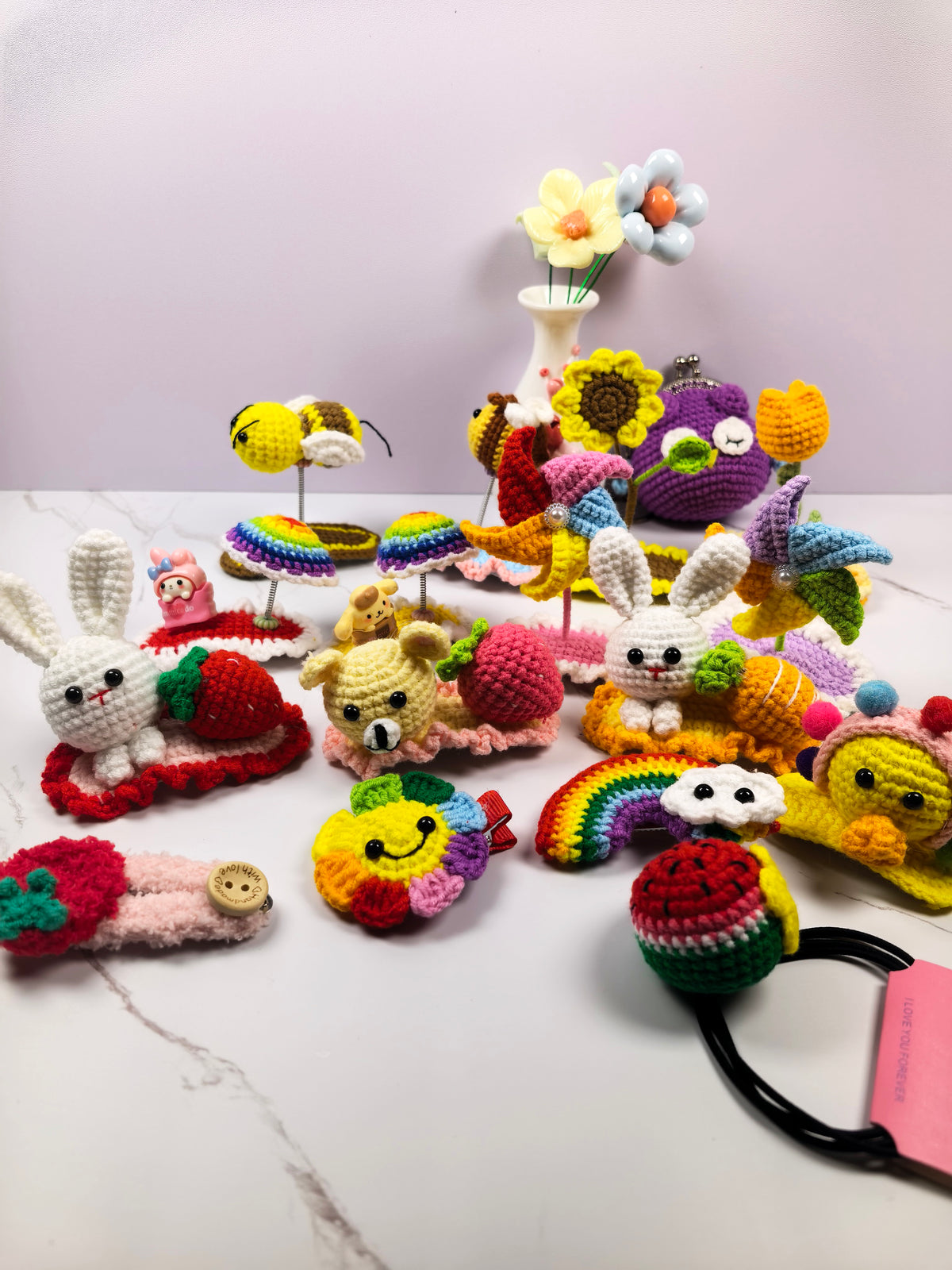 Handmade Cotton Crochet Cartoon Hair Accessories Cute Animal Fruit Flower Hair Clips Hair Ties for Girls