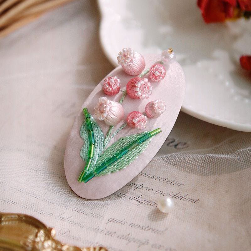 DIY Lily of The Valley Hair Clip Embroidery Kit with Hoop & Tutorial, Beginner Floral Craft Making