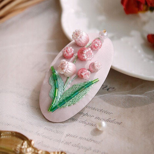 DIY Lily of The Valley Hair Clip Embroidery Kit with Hoop & Tutorial, Beginner Floral Craft Making