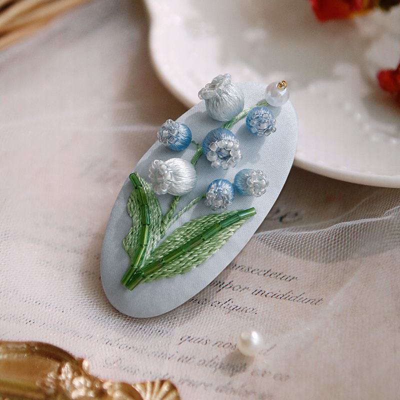 DIY Lily of The Valley Hair Clip Embroidery Kit with Hoop & Tutorial, Beginner Floral Craft Making