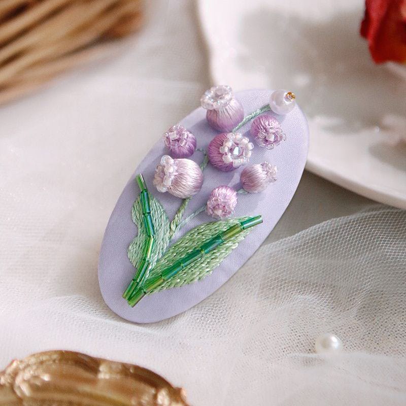 DIY Lily of The Valley Hair Clip Embroidery Kit with Hoop & Tutorial, Beginner Floral Craft Making
