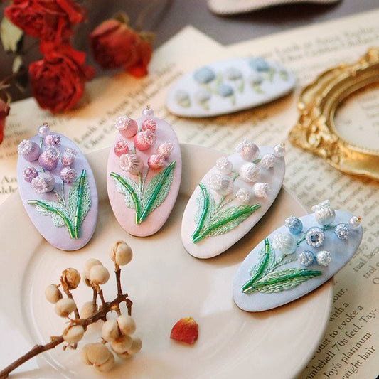 DIY Lily of The Valley Hair Clip Embroidery Kit with Hoop & Tutorial, Beginner Floral Craft Making