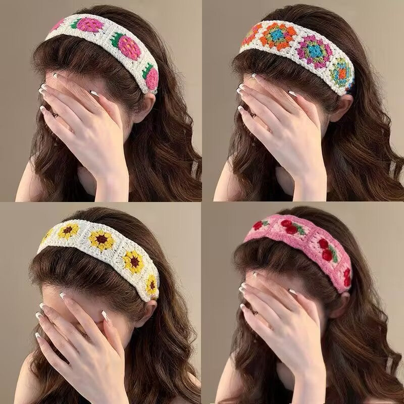 6pcs Handmade Crochet Floral Headband With Soft Velcro, Lightweight No Pressure Knit Hair Band For Tame Flyaways