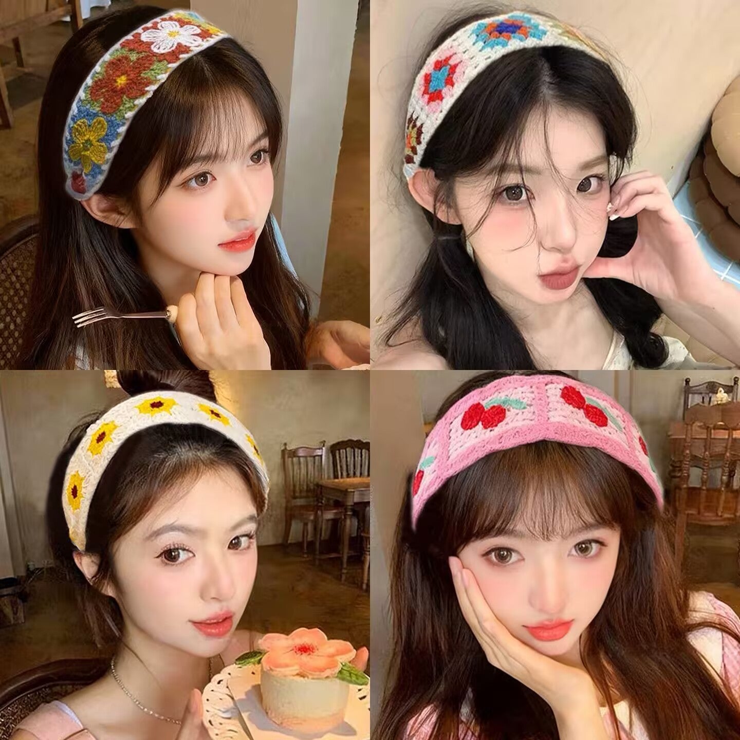 6pcs Handmade Crochet Floral Headband With Soft Velcro, Lightweight No Pressure Knit Hair Band For Tame Flyaways