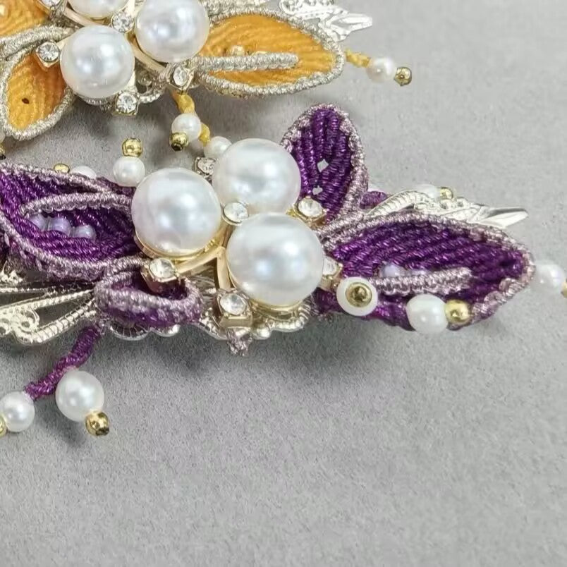 Handmade Wax Thread Woven Butterfly Pearl Hair Clip, Chinese Style Barrettes, Vintage Floral Hair Accessories for Hanfu Qipao, Gift for Women