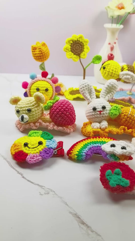 Handmade Cotton Crochet Cartoon Hair Accessories Cute Animal Fruit Flower Hair Clips Hair Ties for Girls